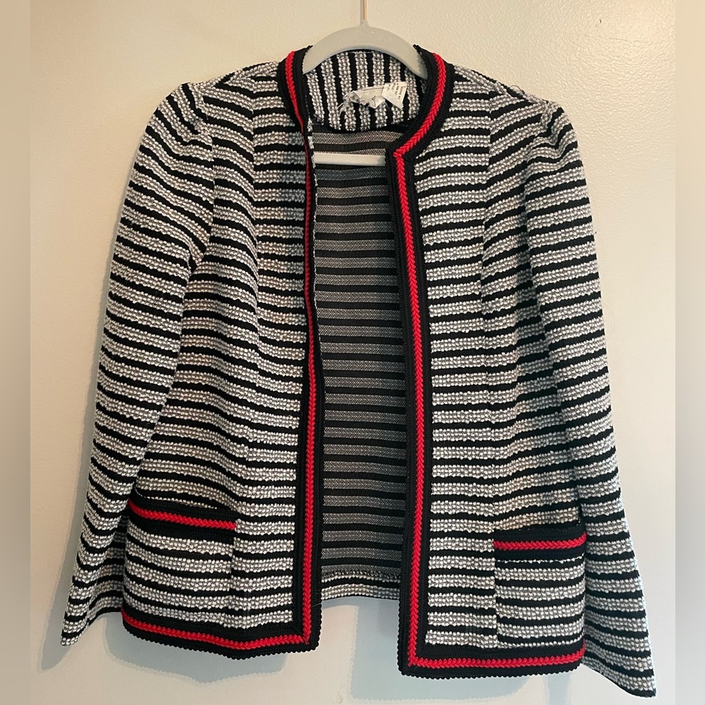 VINTAGE BLAZER RARE BLACK WHITE KNIT STRIPE RED DETAIL TRIM